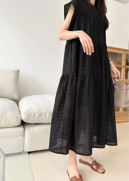 Dresses Embroidered Black Cotton Summer Hollow Out FashionChic