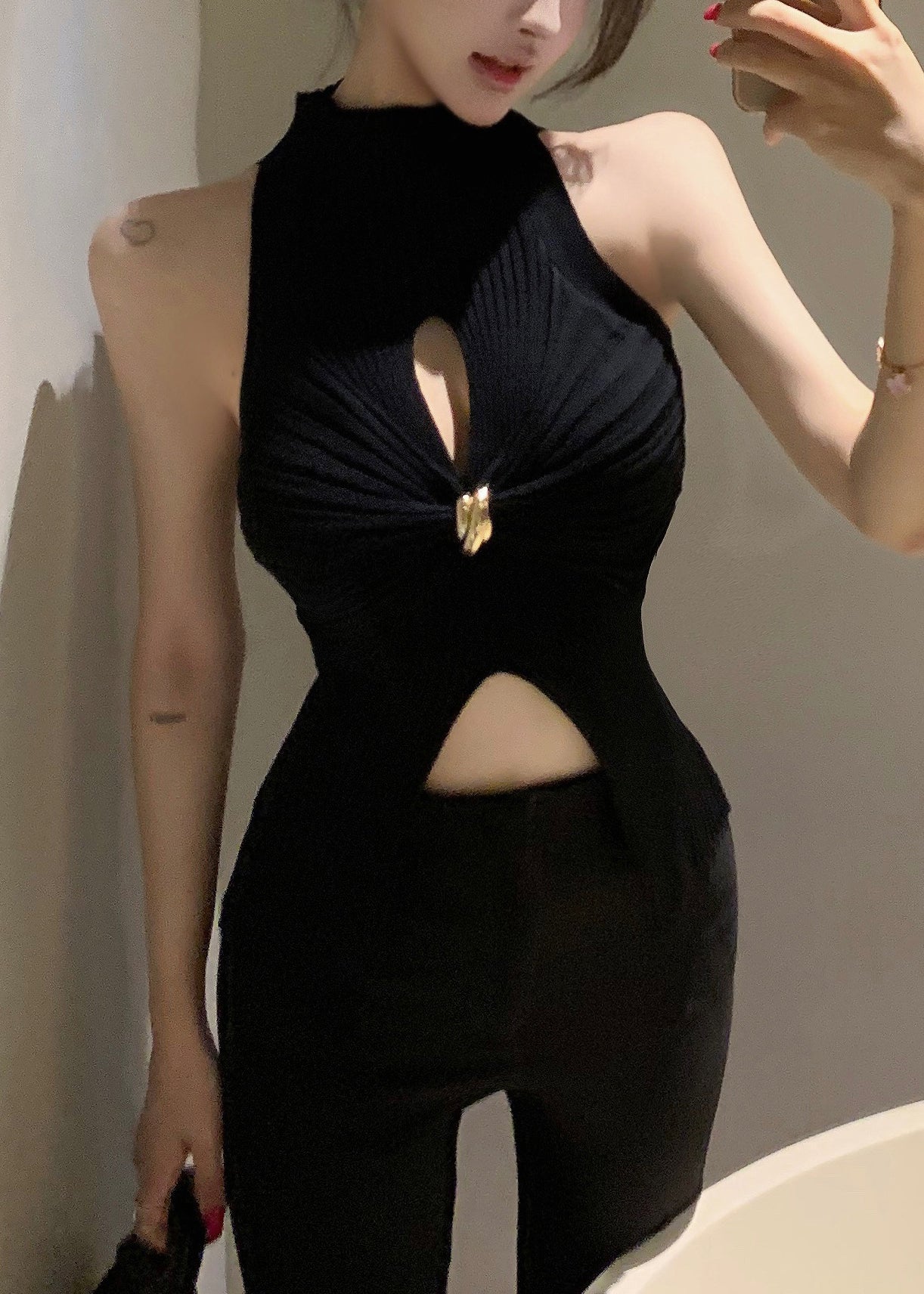 Black Knit Sleeveless Out Hollow Turtleneck Tank FashionChic