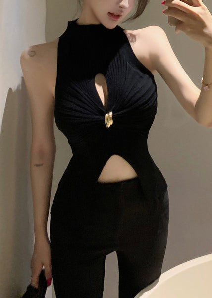 Black Knit Sleeveless Out Hollow Turtleneck Tank FashionChic