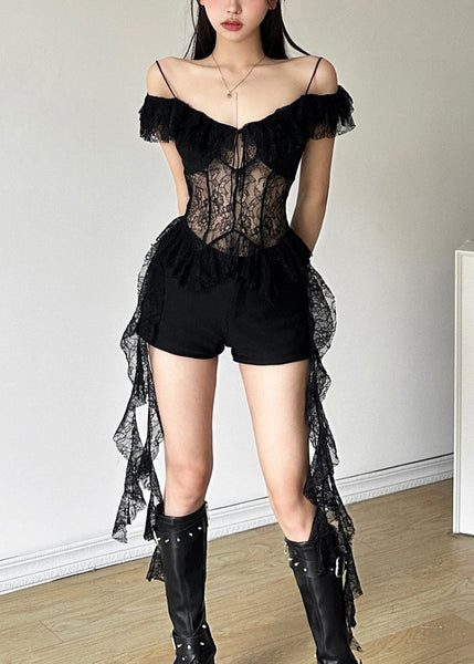 Black Hollow Out Lace Spaghetti Strap Tank Asymmetrical Short Sleeve KK071 SH-LF-VTP240602