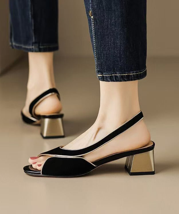 Black Sandals Splicing Chunky Peep Hollow Suede Out Toe FashionChic