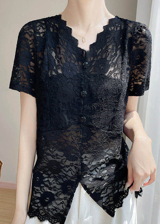 V Lace Hollow Neck Out Black Solid Summer Shirt FashionChic
