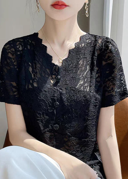 V Lace Hollow Neck Out Black Solid Summer Shirt FashionChic