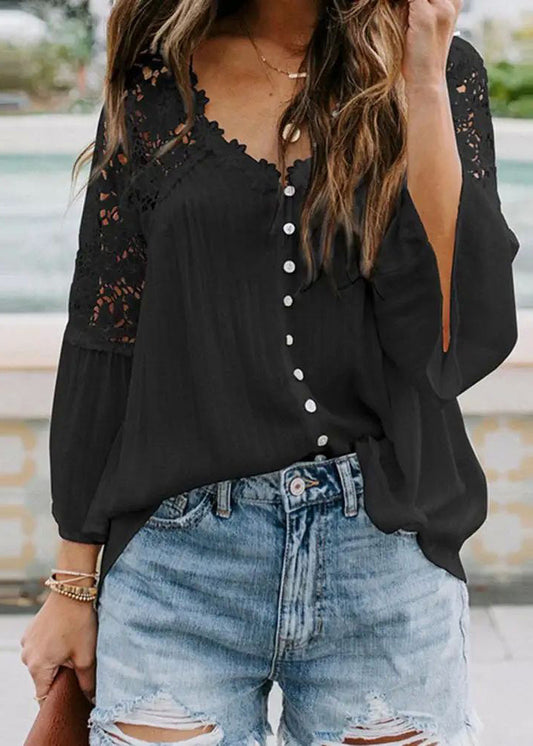 Hollow Solid Tops V Fall Neck Black Out FashionChic