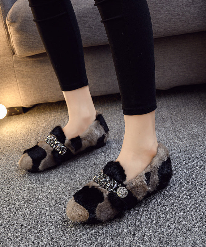 Black Khaki Mink Hair Boutique Splicing Zircon Flat Shoes TQ060 ABC