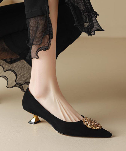 Pointed Splicing Kitten Toe High Black French Heels Suede FashionChic