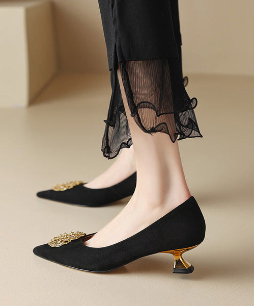 Pointed Splicing Kitten Toe High Black French Heels Suede FashionChic