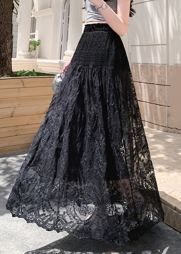 Hollow Skirts Waist Out Black Tulle Summer Elastic Lace FashionChic