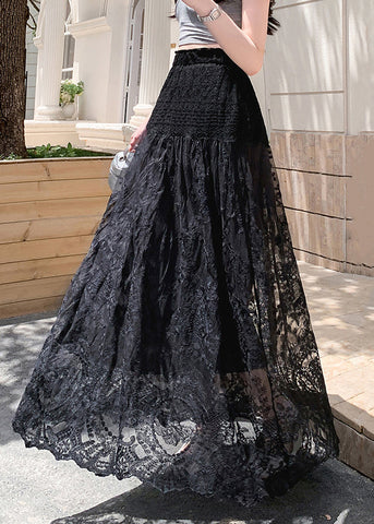 Hollow Skirts Waist Out Black Tulle Summer Elastic Lace FashionChic