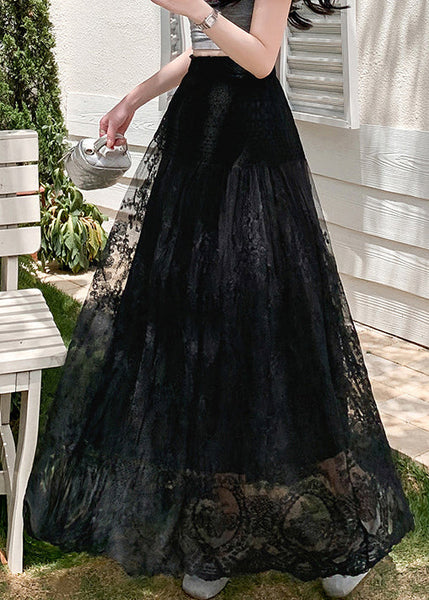 Hollow Skirts Waist Out Black Tulle Summer Elastic Lace FashionChic