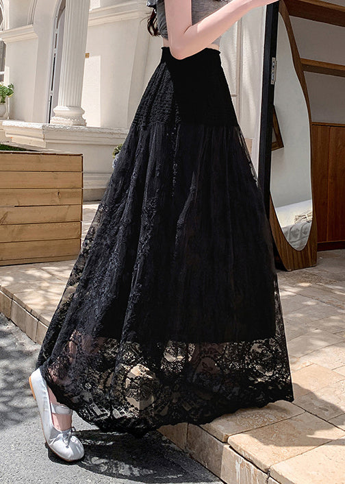 Hollow Skirts Waist Out Black Tulle Summer Elastic Lace FashionChic