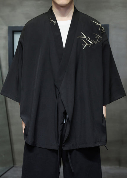 Black Lace Up Cotton Men Shirt V Neck Batwing Sleeve YT072 Men-Silk-MENSTP240721