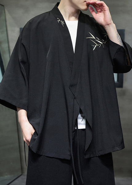 Black Lace Up Cotton Men Shirt V Neck Batwing Sleeve YT072 Men-Silk-MENSTP240721