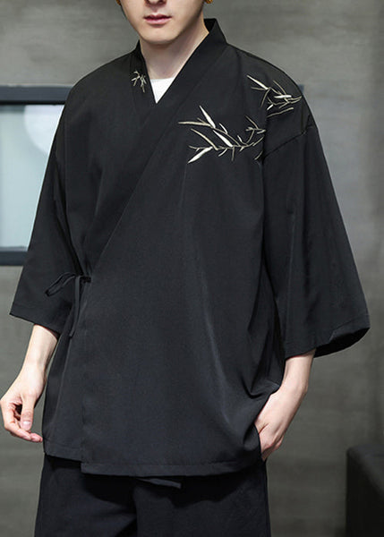 Black Lace Up Cotton Men Shirt V Neck Batwing Sleeve YT072 Men-Silk-MENSTP240721