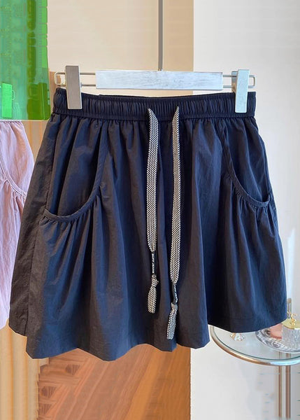 Black Lace Up Pockets Cotton Shorts Elastic Waist QE013 MZF-SPTS240927