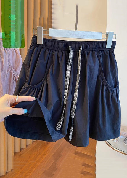 Black Lace Up Pockets Cotton Shorts Elastic Waist QE013 MZF-SPTS240927