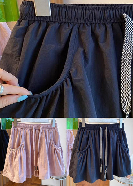 Black Lace Up Pockets Cotton Shorts Elastic Waist QE013 MZF-SPTS240927