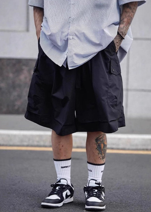 Lace Men Shorts Elastic Summer Waist Up Cotton Black Solid FashionChic