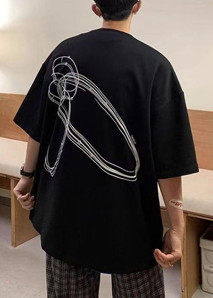 Sleeve Black Letter Men Shirts Neck T Short Cotton O Loose FashionChic