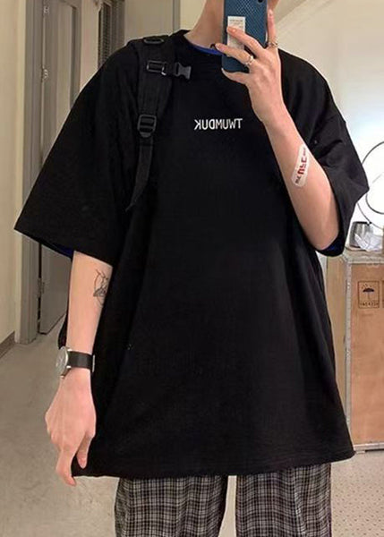 Sleeve Black Letter Men Shirts Neck T Short Cotton O Loose FashionChic