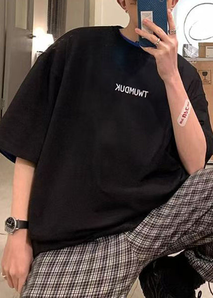 Sleeve Black Letter Men Shirts Neck T Short Cotton O Loose FashionChic