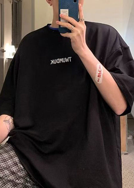 Sleeve Black Letter Men Shirts Neck T Short Cotton O Loose FashionChic