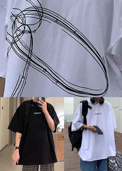 Sleeve Black Letter Men Shirts Neck T Short Cotton O Loose FashionChic