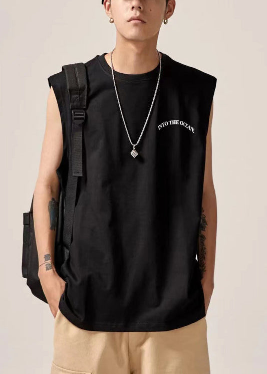 Black Cotton Sleeveles Print Tank Letter Neck Men O FashionChic