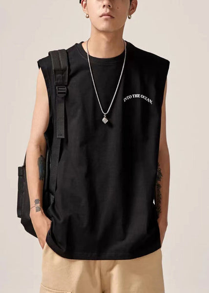 Black Cotton Sleeveles Print Tank Letter Neck Men O FashionChic
