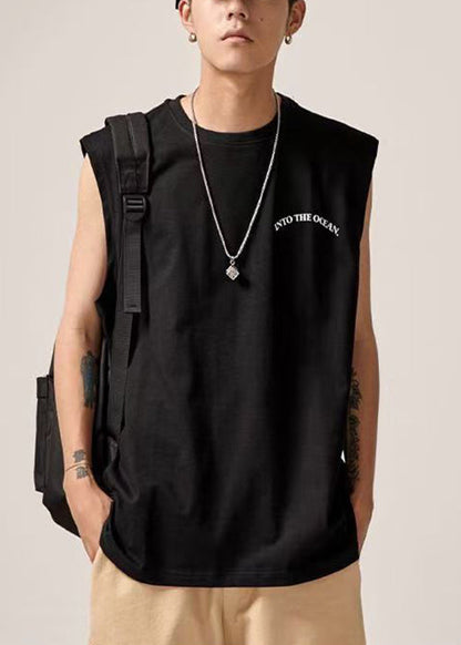 Black Cotton Sleeveles Print Tank Letter Neck Men O FashionChic