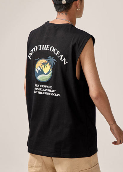 Black Cotton Sleeveles Print Tank Letter Neck Men O FashionChic