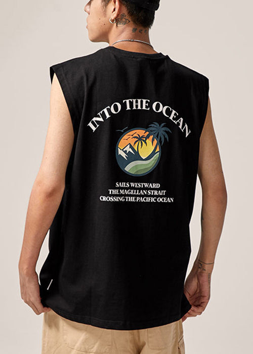 Black Cotton Sleeveles Print Tank Letter Neck Men O FashionChic
