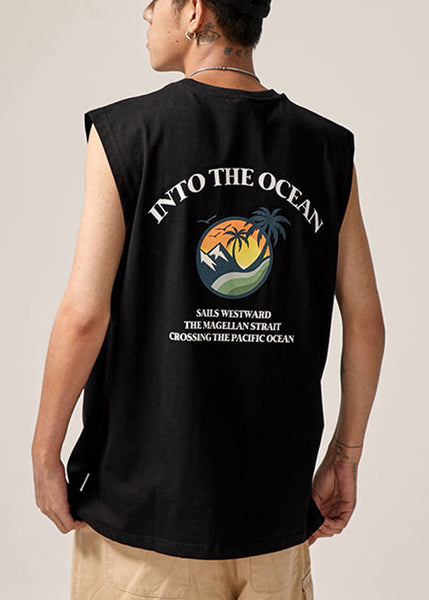 Black Cotton Sleeveles Print Tank Letter Neck Men O FashionChic