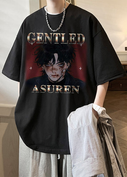 Black Print Letter Mens O Neck Loose Cotton T Shirts Summer FashionChic