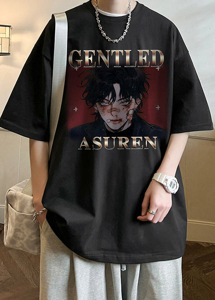 Black Print Letter Mens O Neck Loose Cotton T Shirts Summer FashionChic