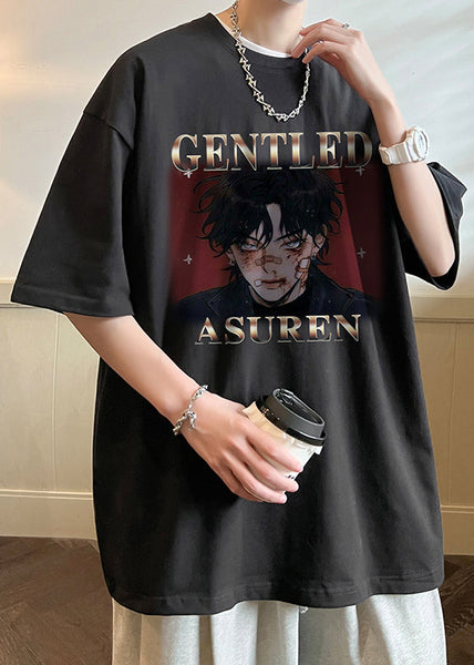 Black Print Letter Mens O Neck Loose Cotton T Shirts Summer FashionChic