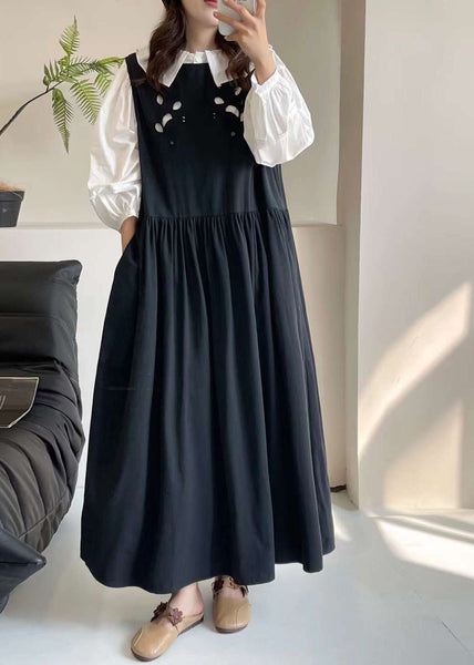 Black O-Neck Patchwork Wrinkled Maxi Dress Summer BV026 MZF-SDL240702