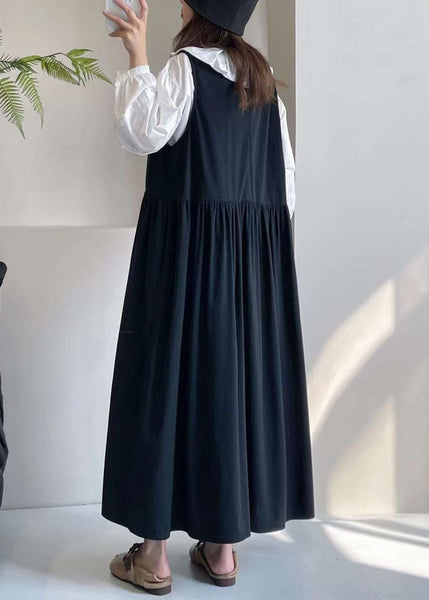 Black O-Neck Patchwork Wrinkled Maxi Dress Summer BV026 MZF-SDL240702