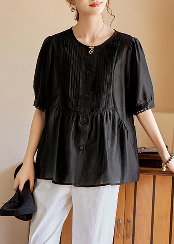 Black O-Neck Ruffled Wrinkled Silk Tops Short Sleeve WW049 OL-STP240812