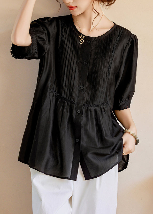 Black O-Neck Ruffled Wrinkled Silk Tops Short Sleeve WW049 OL-STP240812