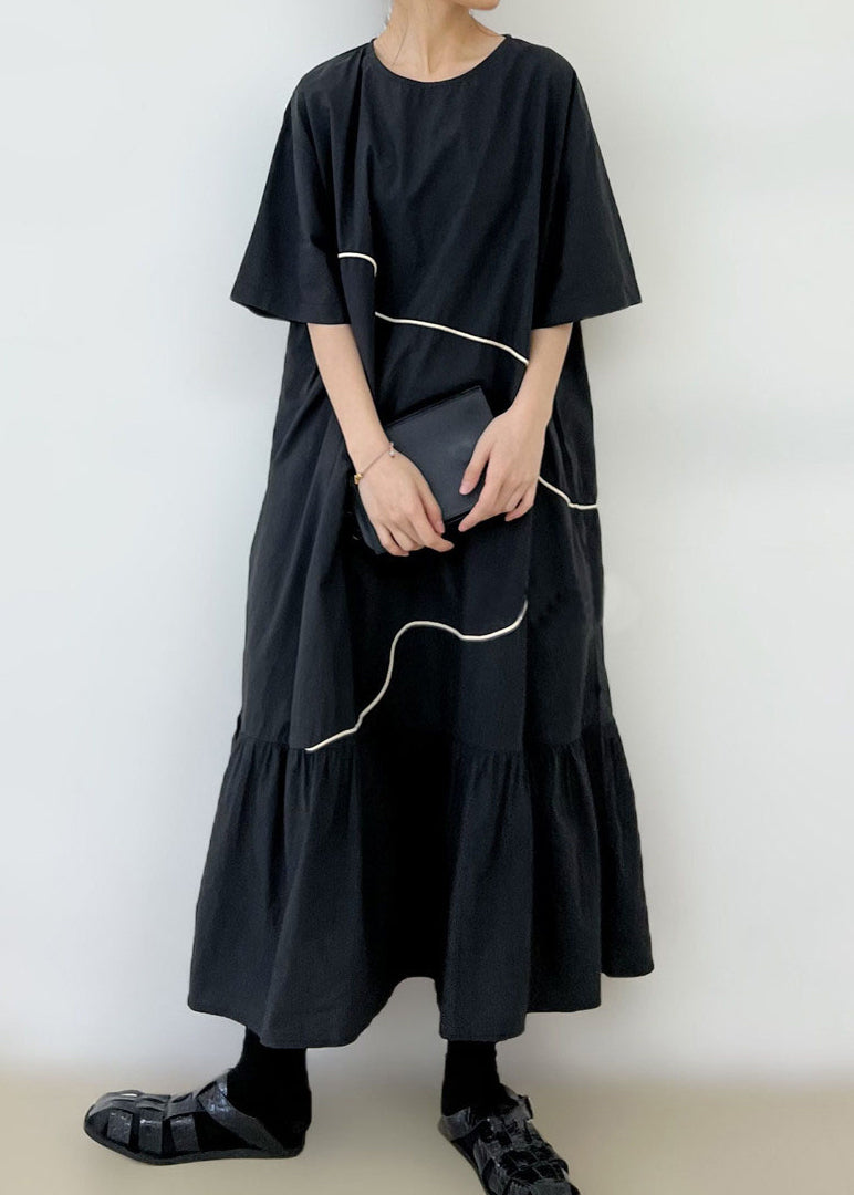 Black O-Neck Wrinkled Long Dress Summer GH1048 Ada Fashion