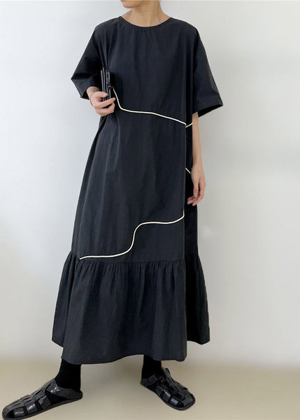 Black O-Neck Wrinkled Long Dress Summer GH1048 Ada Fashion