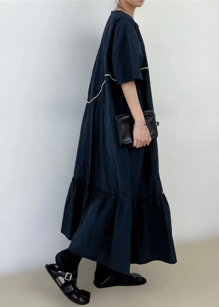 Black O-Neck Wrinkled Long Dress Summer GH1048 Ada Fashion