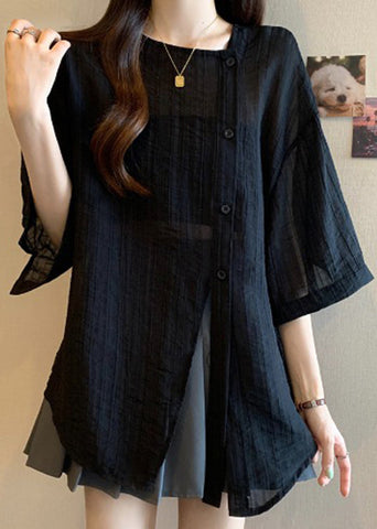 Spring Asymmetrical Patchwork Shirts Chiffon Black FashionChic