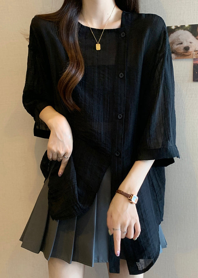 Spring Asymmetrical Patchwork Shirts Chiffon Black FashionChic