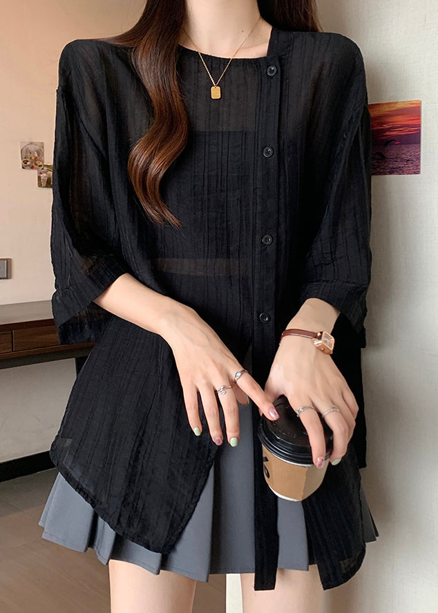 Spring Asymmetrical Patchwork Shirts Chiffon Black FashionChic