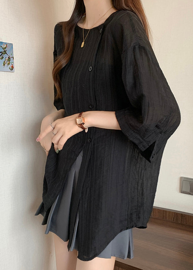 Spring Asymmetrical Patchwork Shirts Chiffon Black FashionChic