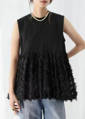 Line Black Cotton Sleeveless Tops A Patchwork Tasseled FashionChic