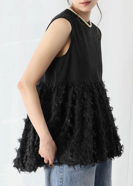 Line Black Cotton Sleeveless Tops A Patchwork Tasseled FashionChic