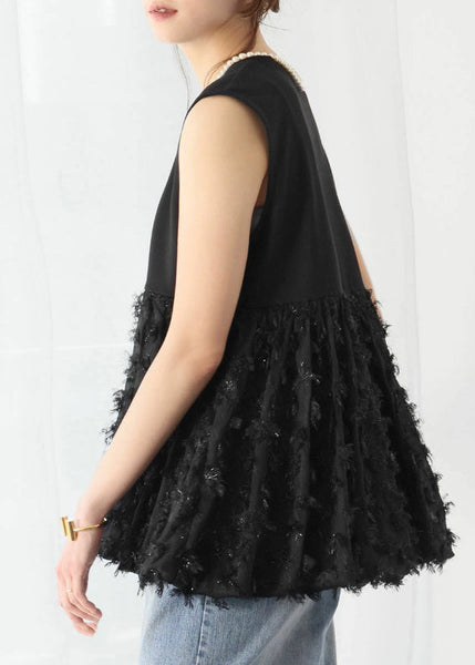 Line Black Cotton Sleeveless Tops A Patchwork Tasseled FashionChic